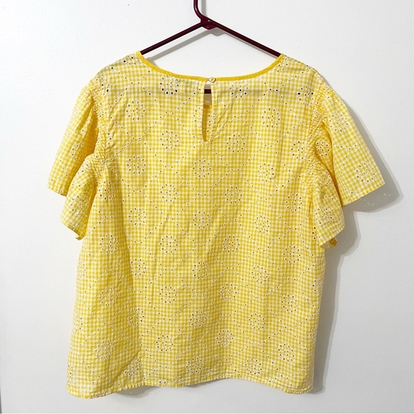 Crown & Ivy Top Women's XXL Yellow White Checkered GIngham Eyelet Blouse Preppy - Picture 2 of 7